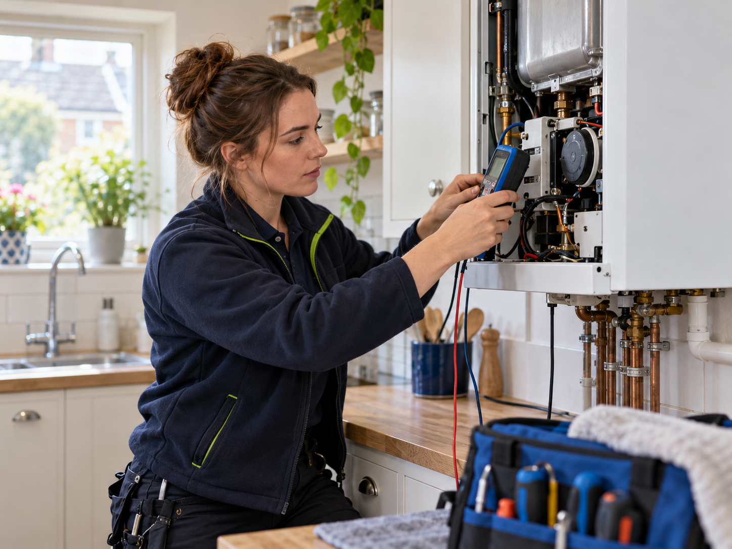 Heating engineer diagnosing a boiler in a home